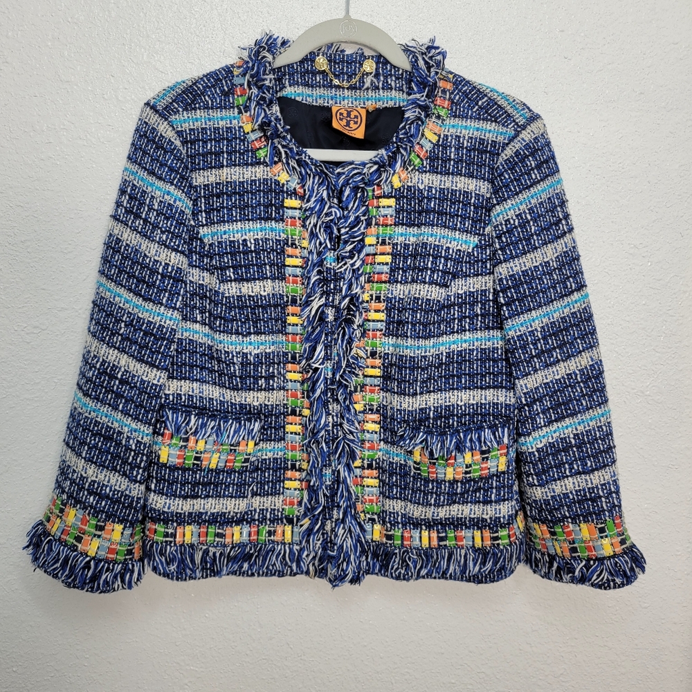 Tory Burch Blue Multi Tweed Fringe Jacket - Picture 3 of 9